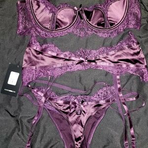 Careful With My Heart Lace Garter 3 Piece Set - Color Eggplant